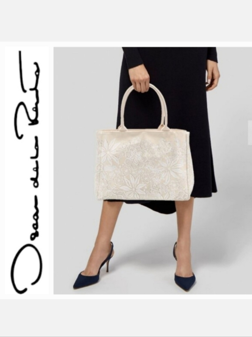 OSCAR DE LA RENTA Canvas Tote Bag Beige Floral